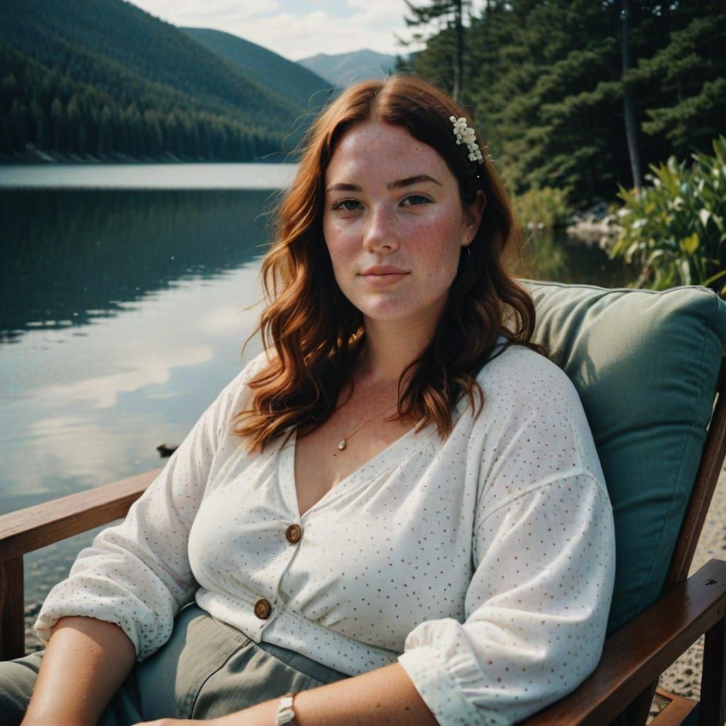Radiant Freckled Woman Basks in Lakeside Contentment