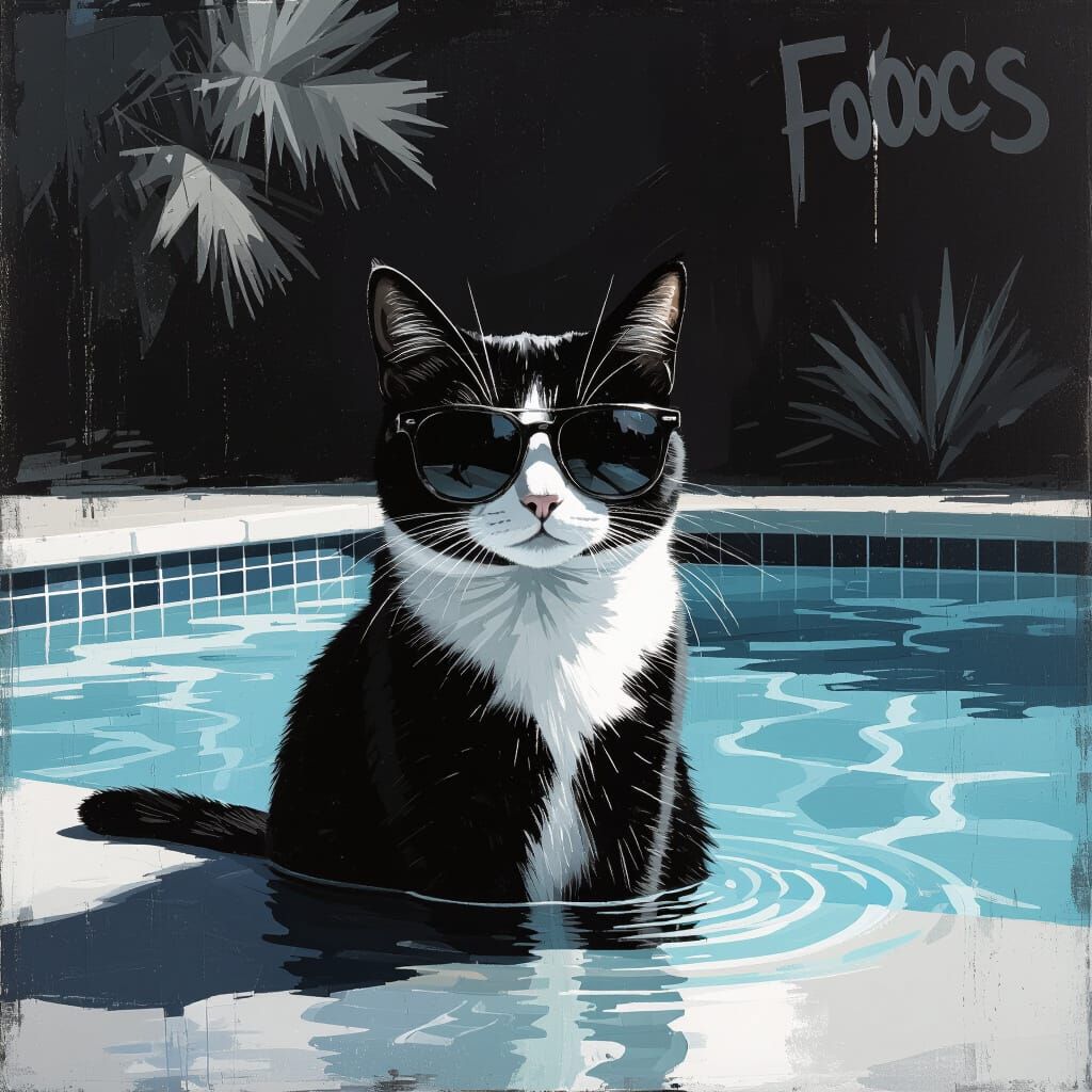 Melancholy Cat in Sunglasses by Pool