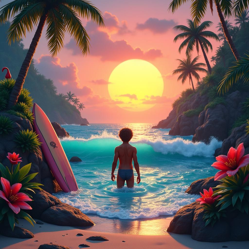Tropical Sunset Beach Scene in Fantasy Art Style