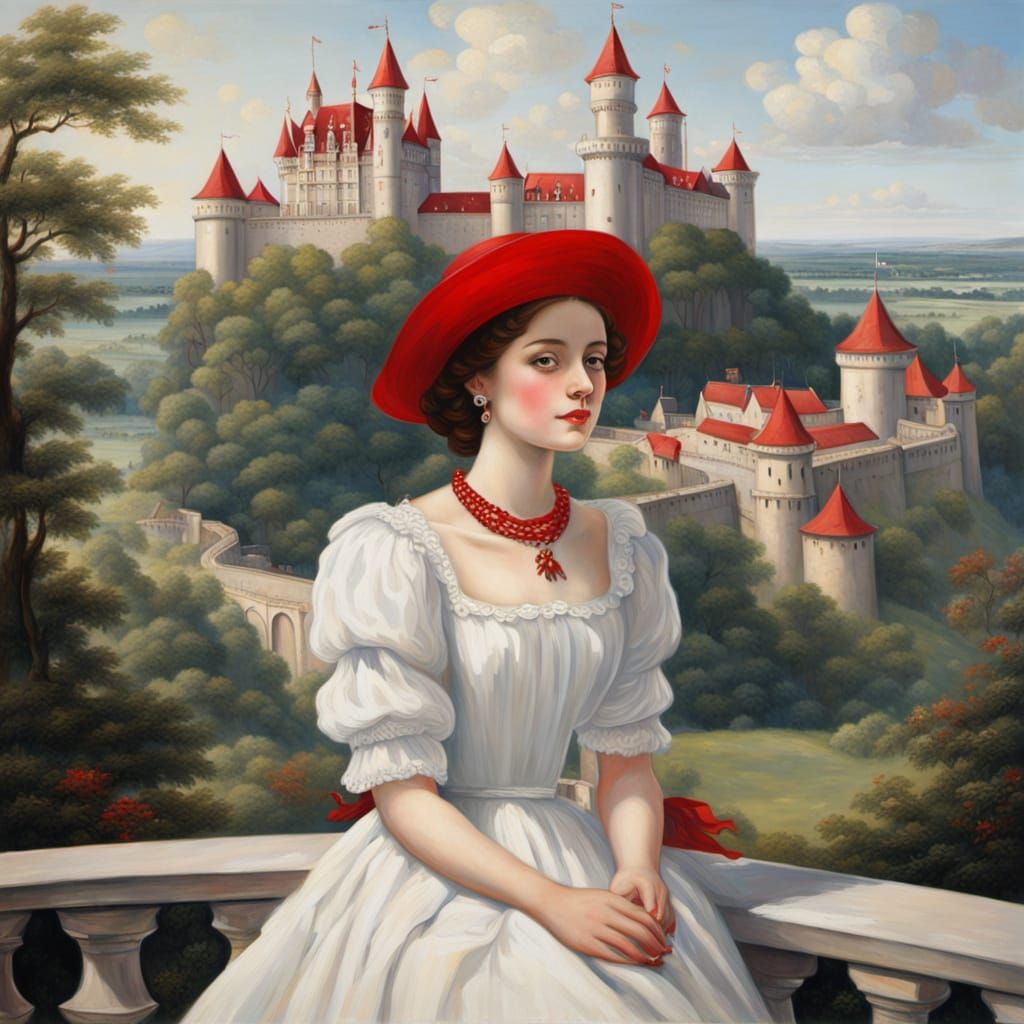 Regal Lady in Red Hat Adorns Castle Railing