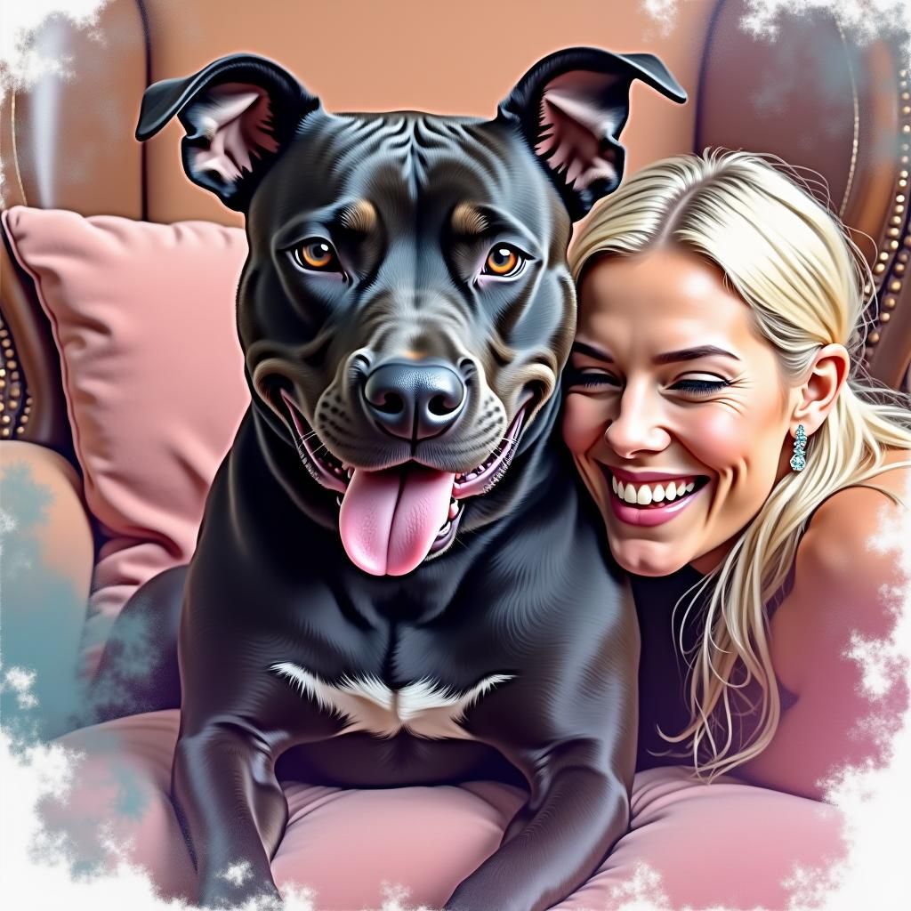 Woman and Pitbull Snuggle in Abstract Double Exposure