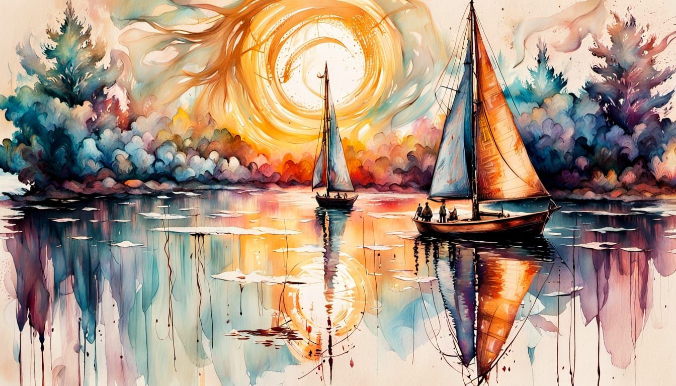 Surreal Sailboat Captured in Impressionistic Golden Hour Glo...