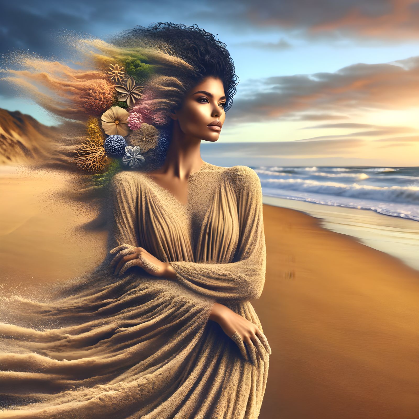 Sand Woman on Beach in Hyperrealistic Splash Art