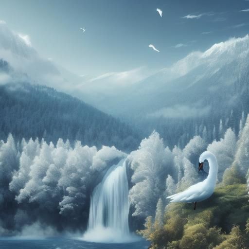 Swan Glides on Lake Beneath Snowy Mountain