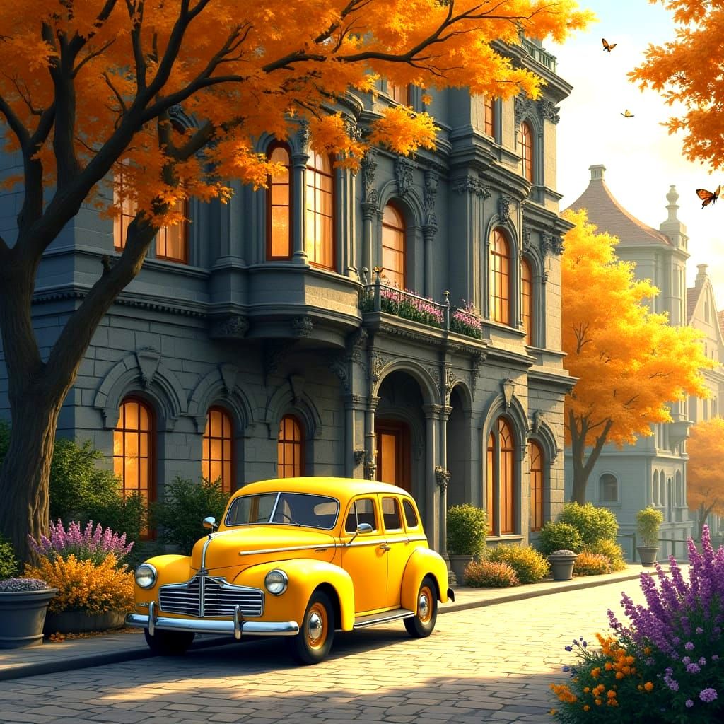 Golden hour cityscape with a majestic, stone, ornate buildin...