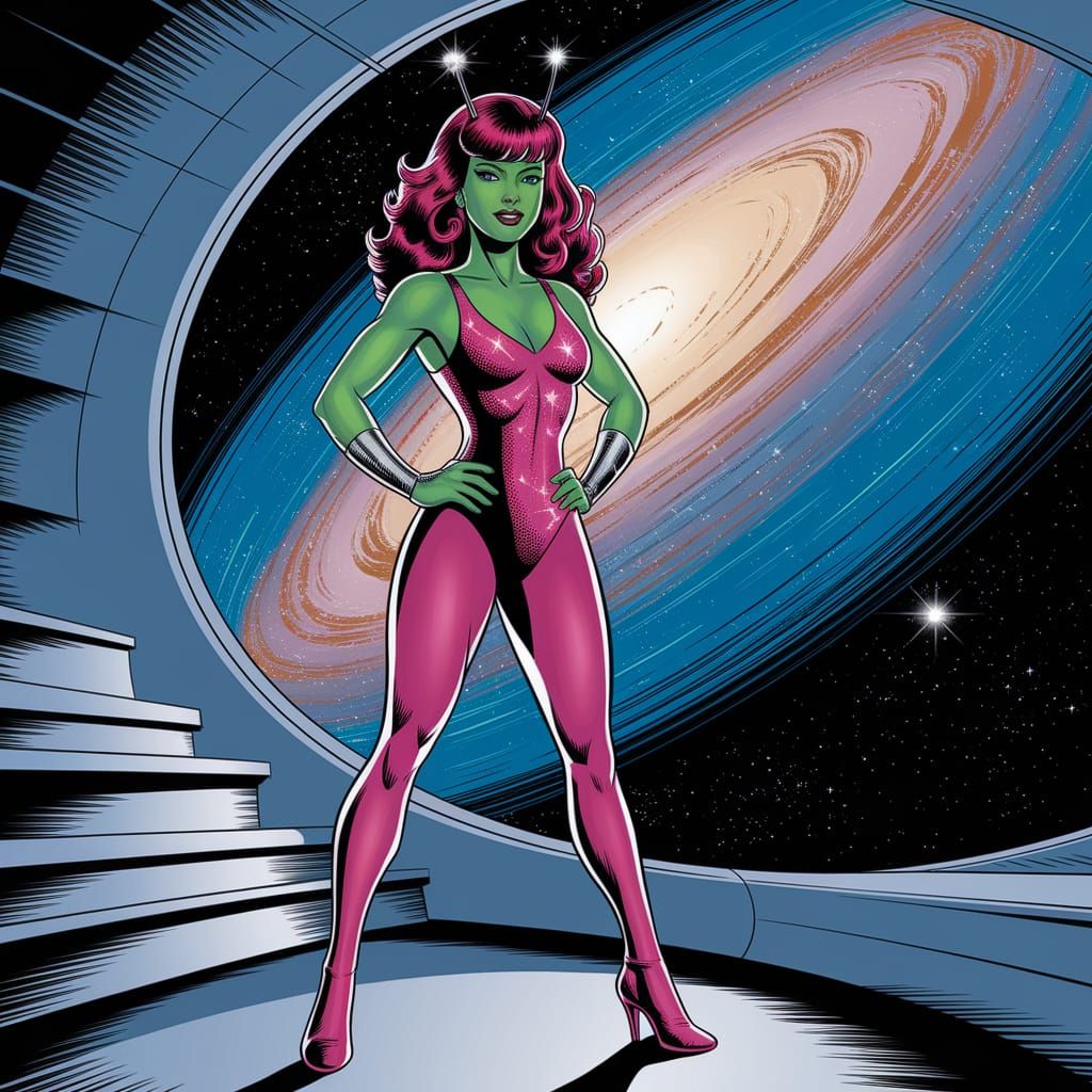 Confident Green Superheroine Gazing at Andromeda Galaxy