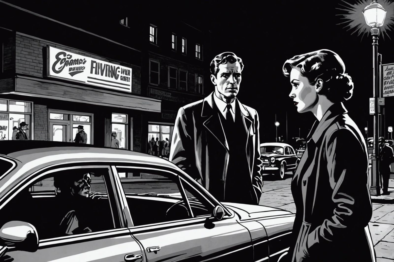Noir Comic: Man, Woman, and Car in Expressionism