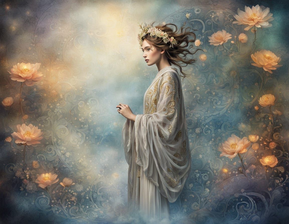 Mysterious Figure in Luxurious, Flowing Robes, Evoking Cosmi...