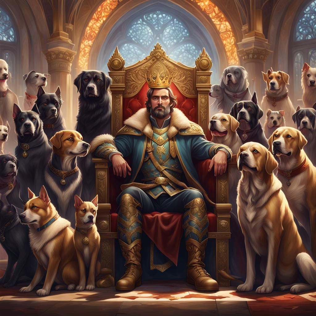 King on Throne Surrounded by Dogs: 8K Portrait