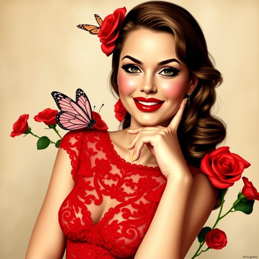 Elegant Pin-Up Goddess in Crimson Lace Dress and Red Stilett...