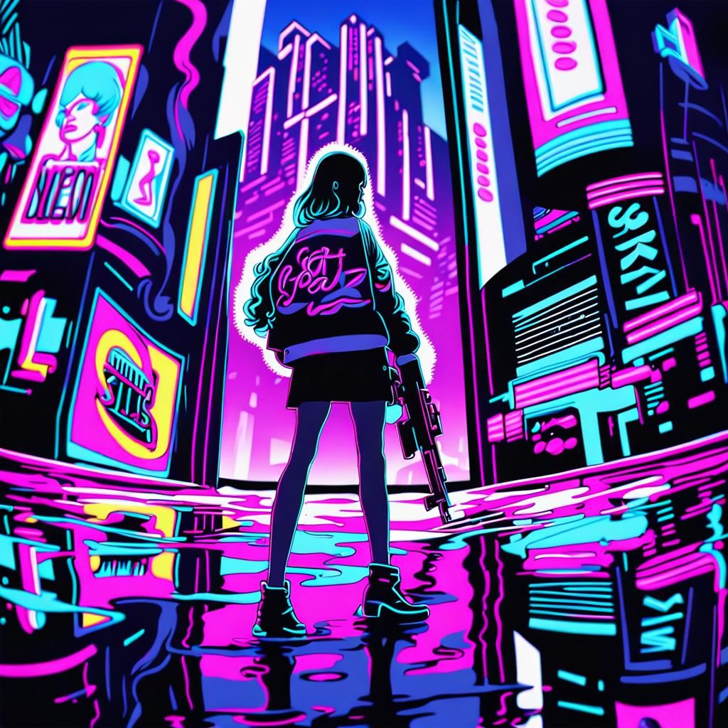 Neon Noir Woman with Gun in 80s Cityscape