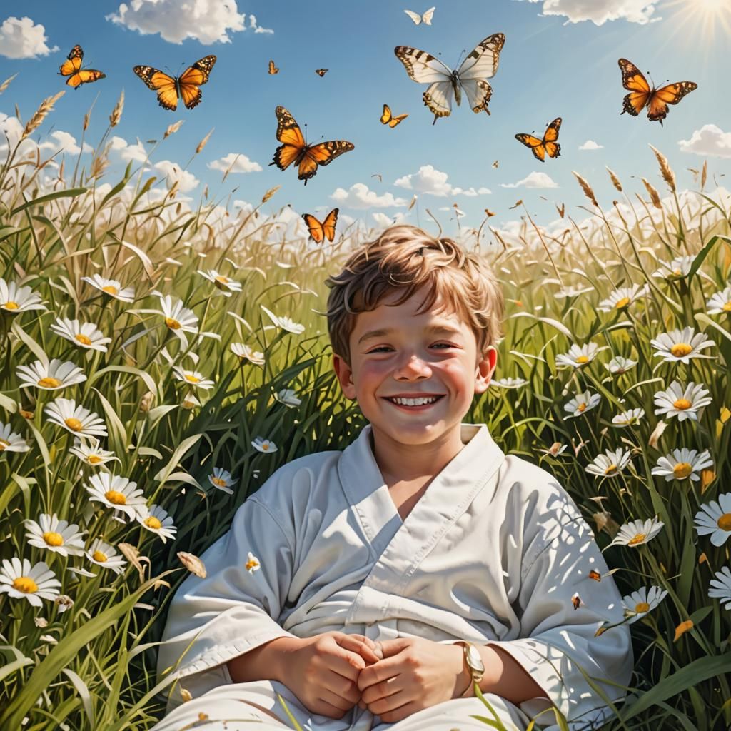 Boy in White Robes in Summer Meadow