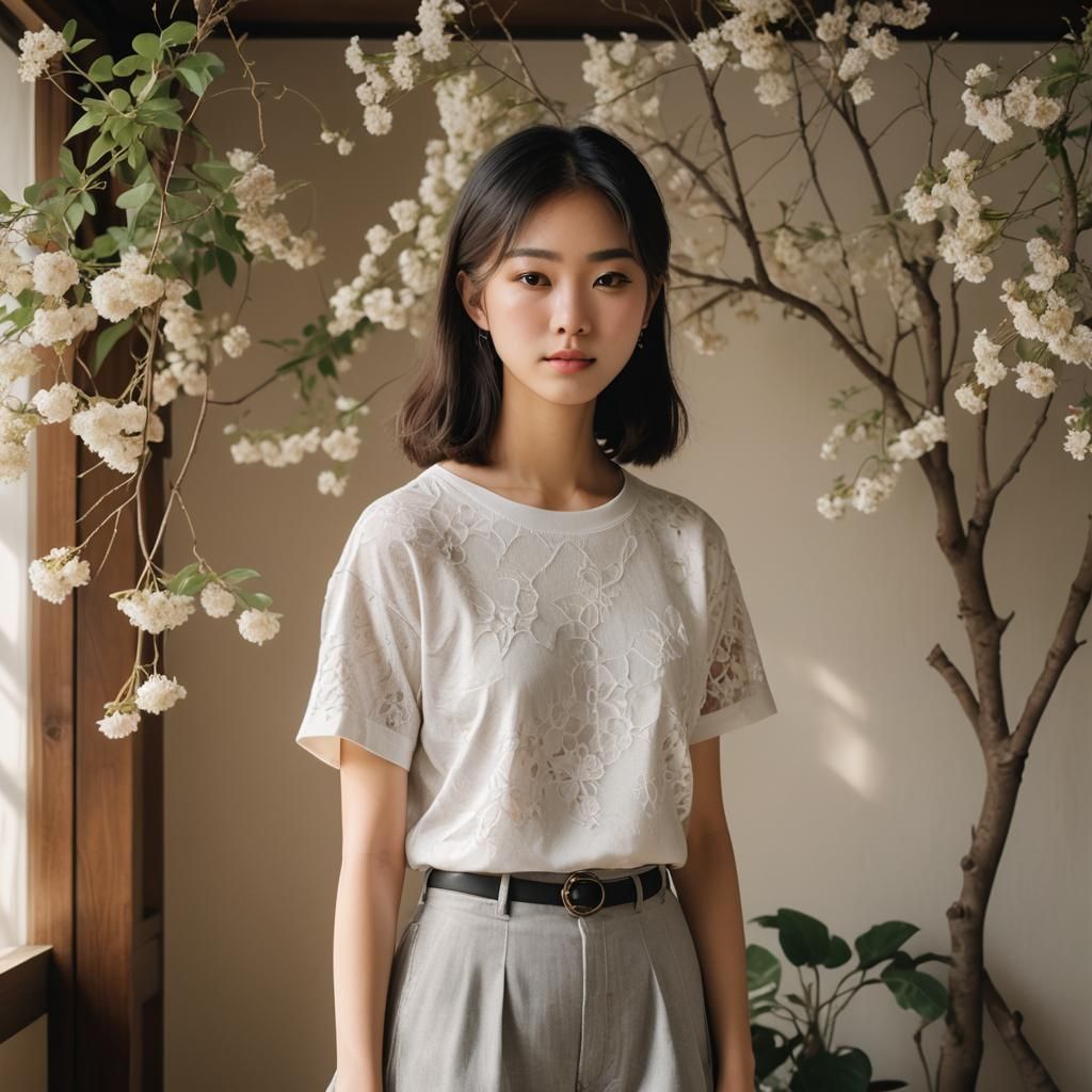 Elegant Young Woman in a Sunlit Garden