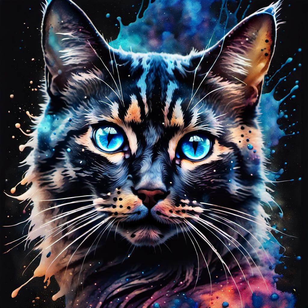 Galaxy Cat Silhouette in Watercolor Art Style