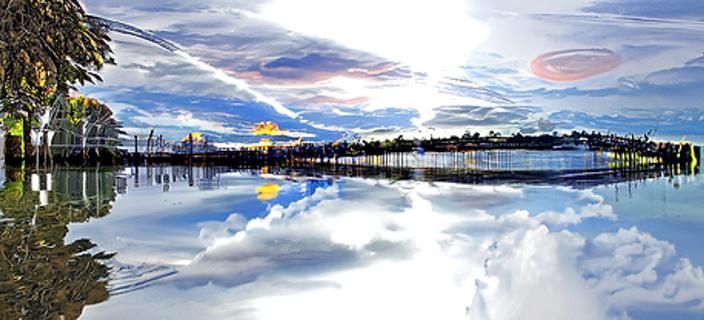 Golden Hour Sky Reflected in Bay, Hyperrealistic