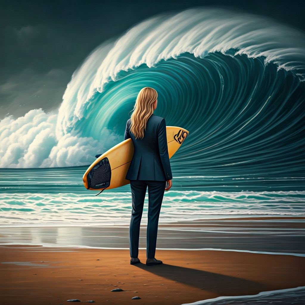 Businesswoman Surfer on the Beach in Digital Art Style