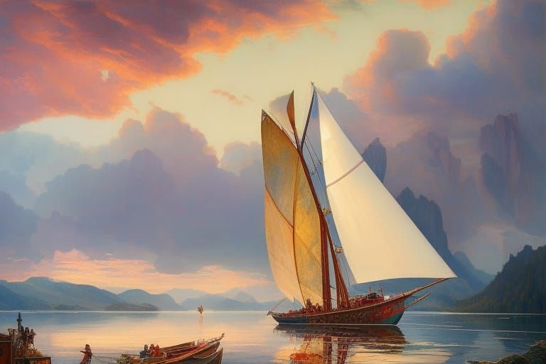 Latin Sailboat on Lake: Detailed Fantasy Landscape