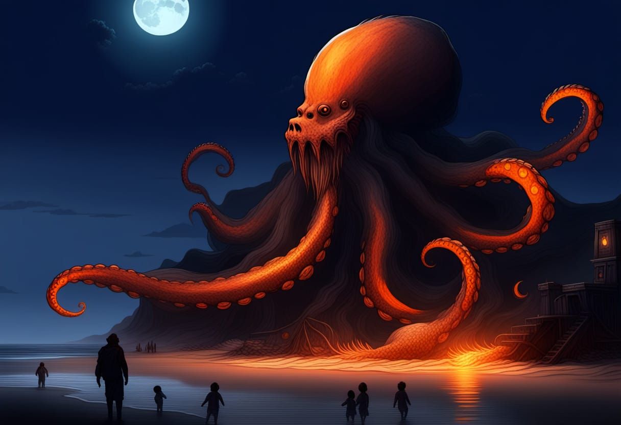 Glowing Kraken Under Orange Moonlit Skies