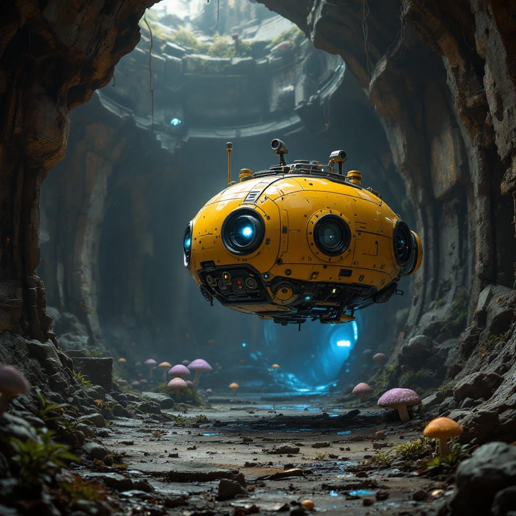 Drone in Abandoned Alien Mine, Sci-Fi Digital Art