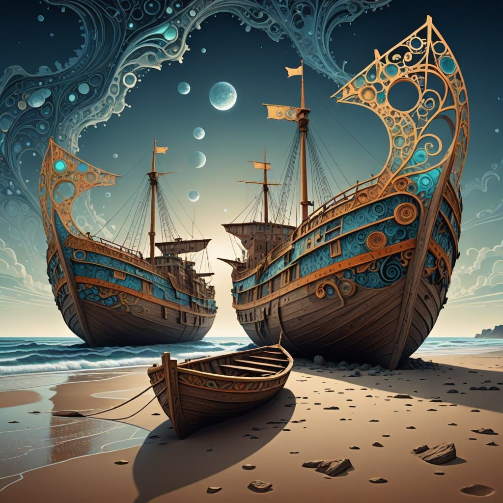 Moody Fractal Boats Stranded on Brittany Beach