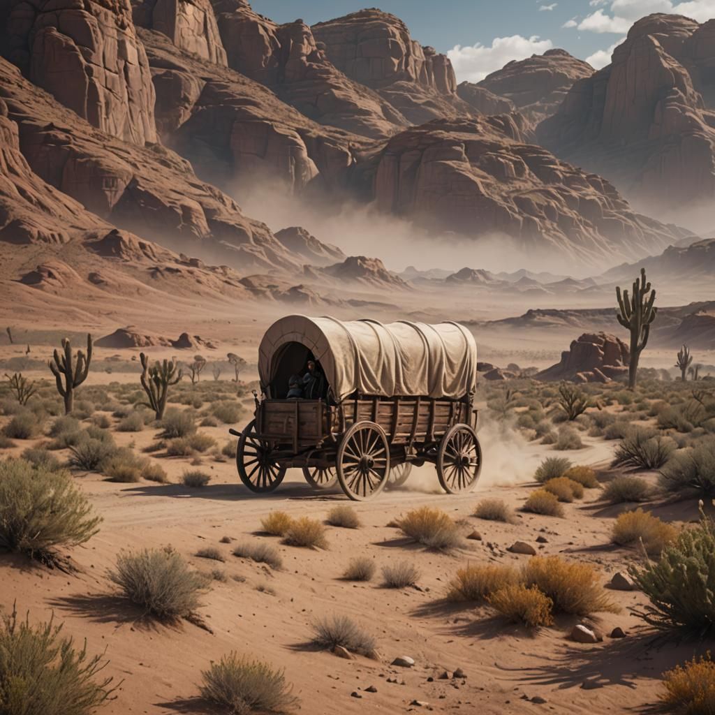 Covered Wagon Journey Through Old West Desert