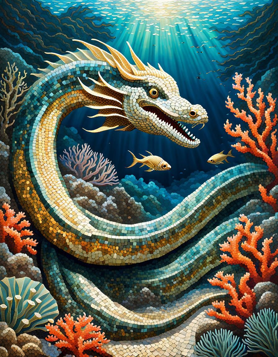 Byzantine Mosaic Sea Serpent in Coral Reef
