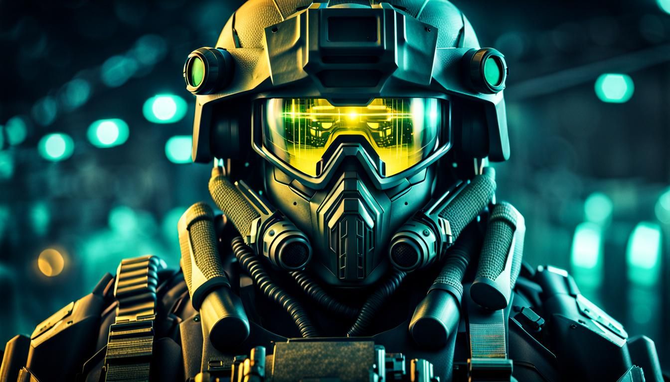 Futuristic Combat Helmet on Battlefield in HDR