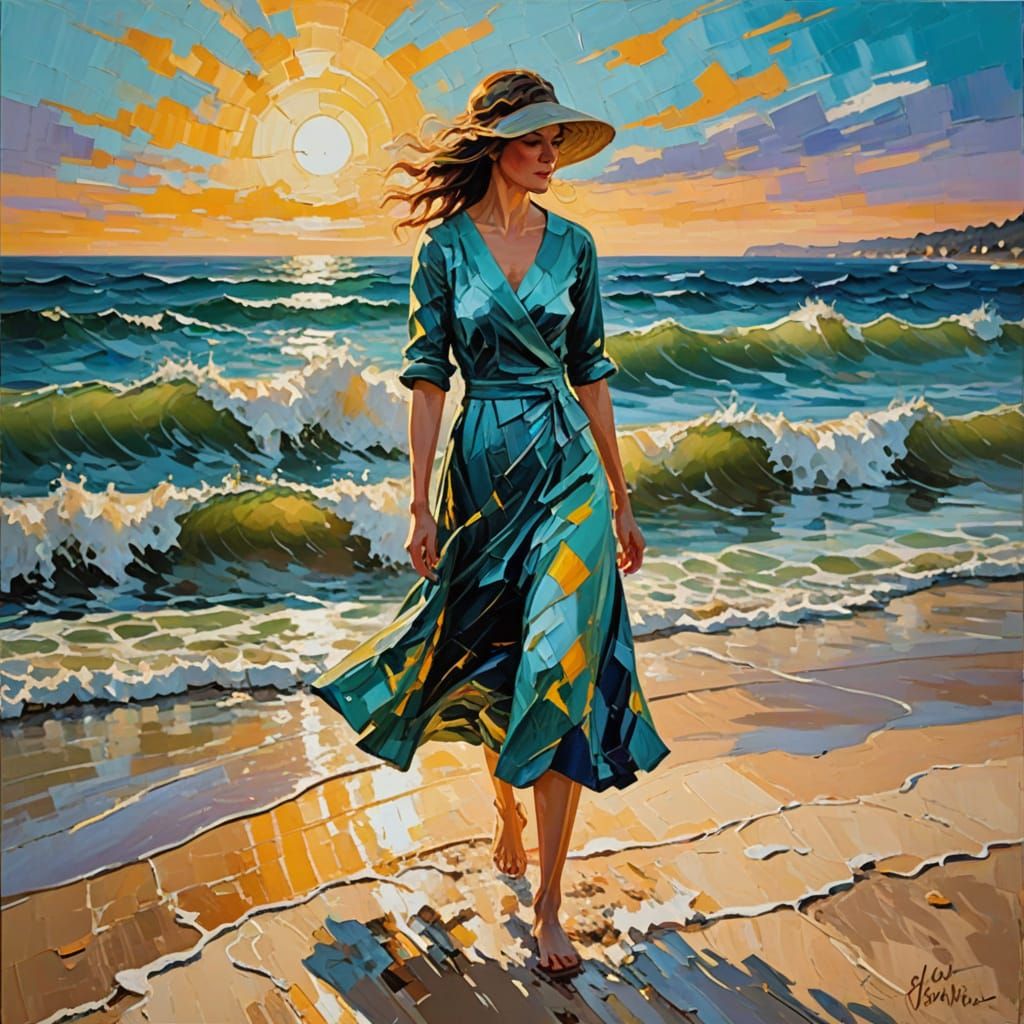 Impasto Beach Scene in Neo-Impressionist Style