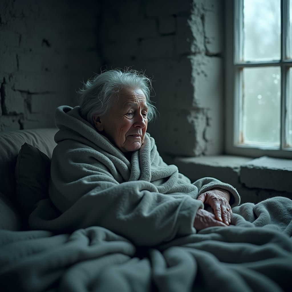 Elderly Woman Weeping in Grey Room, Cinematic Realism