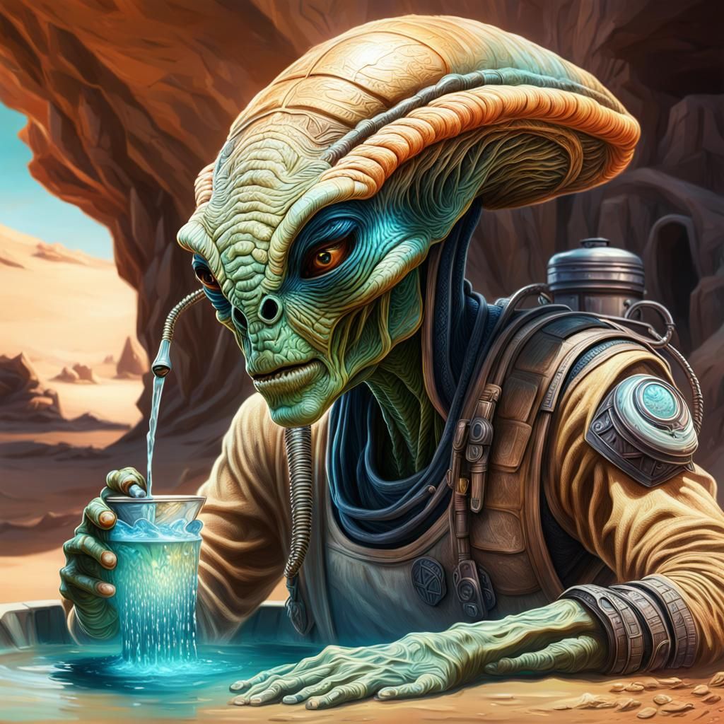 Desert Alien Traveler at Oasis Well, Hyperrealistic Art