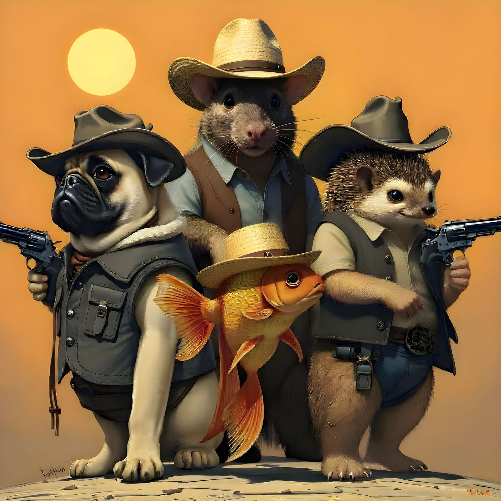 Mexican Standoff: Pug, Cowboy Cat, and Goldfish
