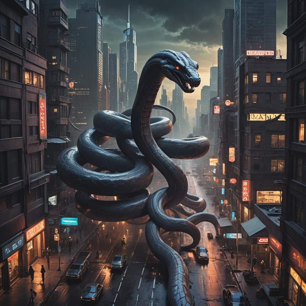 Giant Snake Slithers Through Dark City Streets