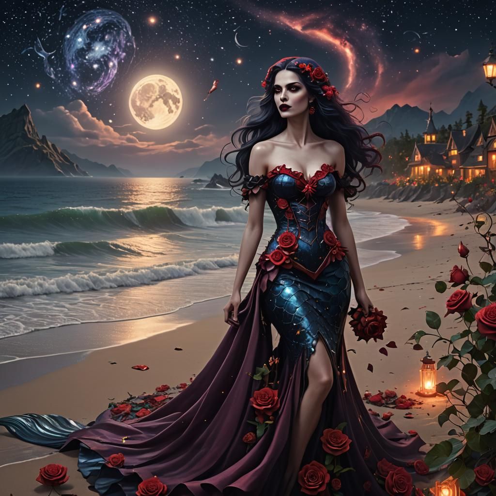 Vampire Woman in Rose Dress with Mermaid Man