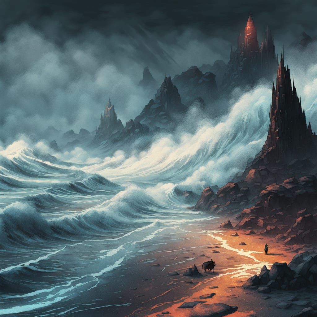 Windswept Beach: Storm of Shadows in Amano Style