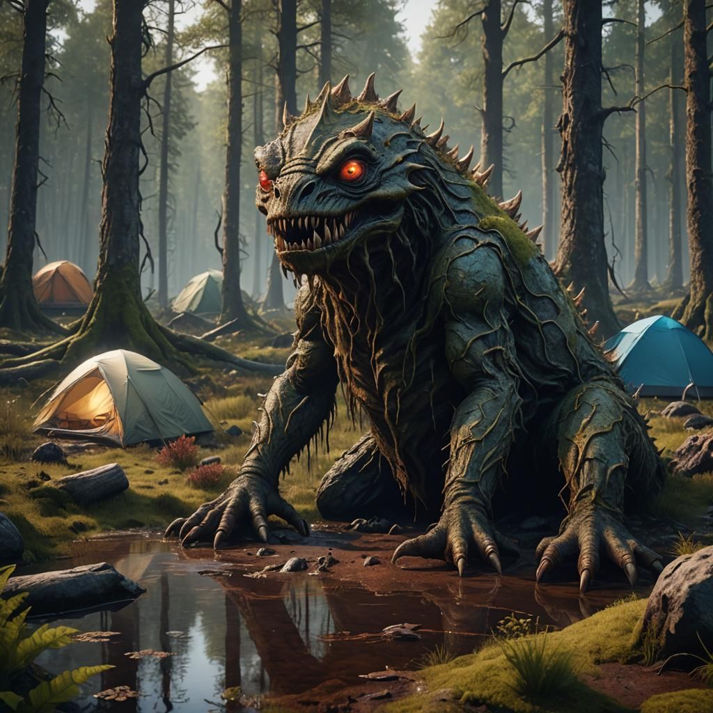 Scary Bog Monster Watches Campers: Detailed Matte Painting