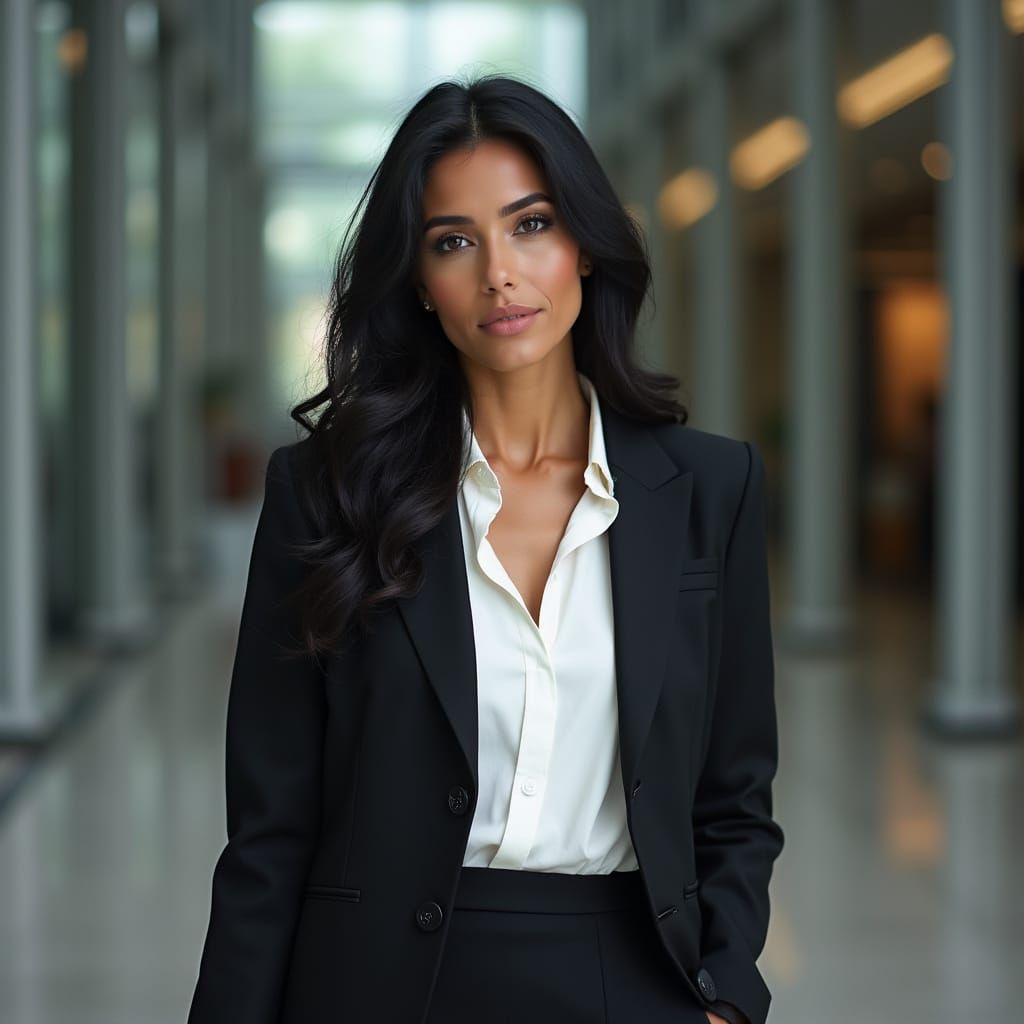 Professional Woman in Office Lobby, Realistic Photo