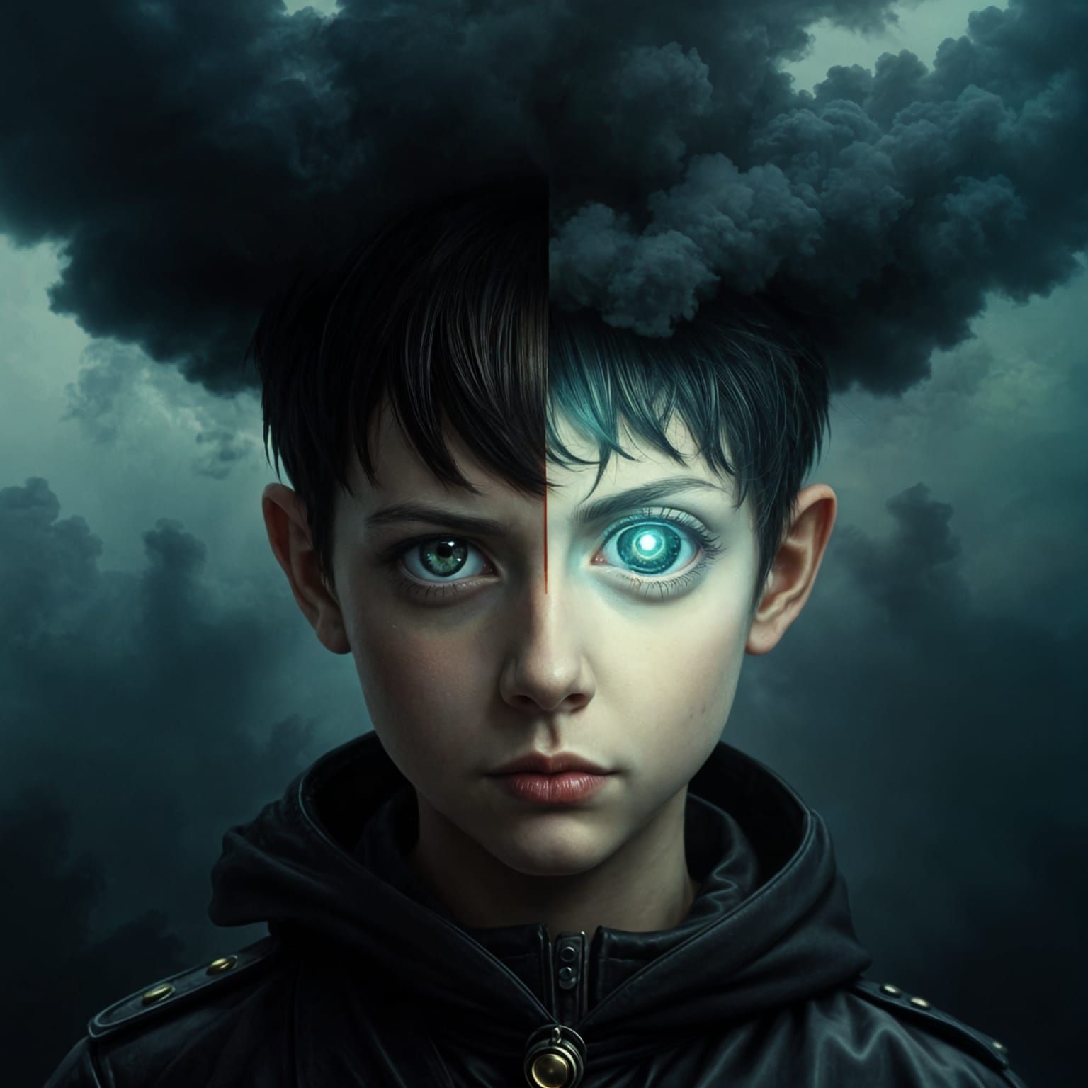 Boy's Face Illuminated by Screen in Steampunk Style