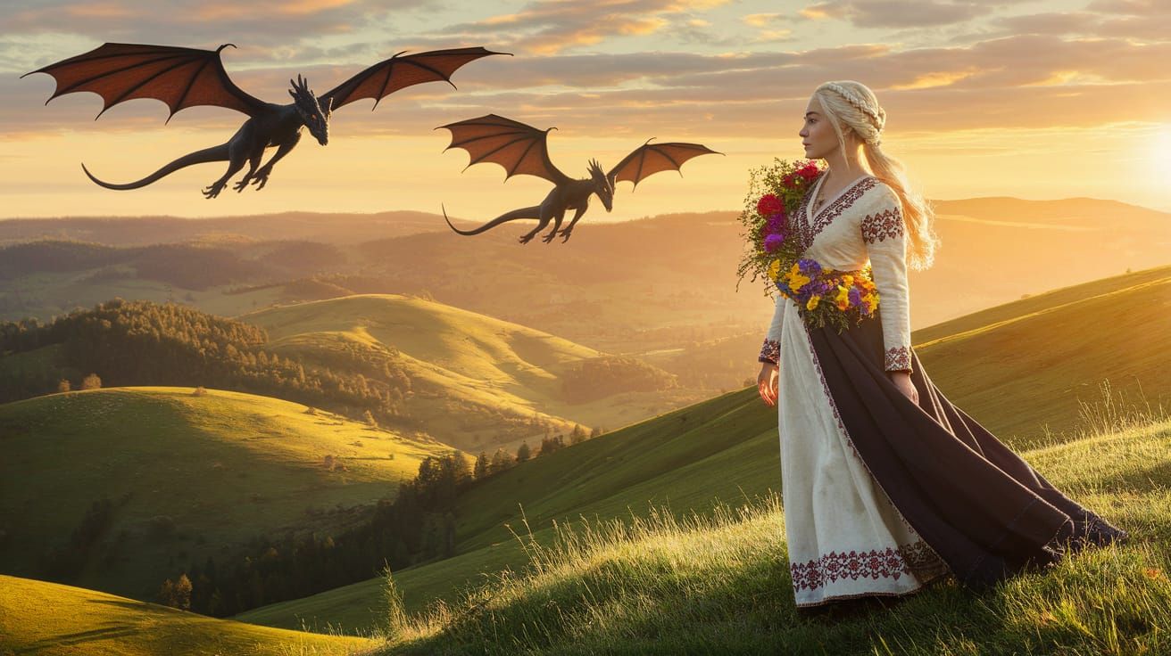 Daenerys Targaryen, dressed in a Ukrainian cross-stitched folk long dress and a wreath of flowers on her head, stands on...