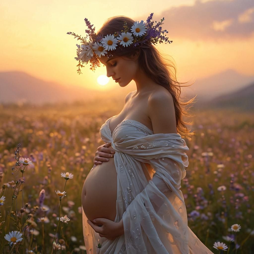Serene Pregnant Woman Surrounded by Flowers