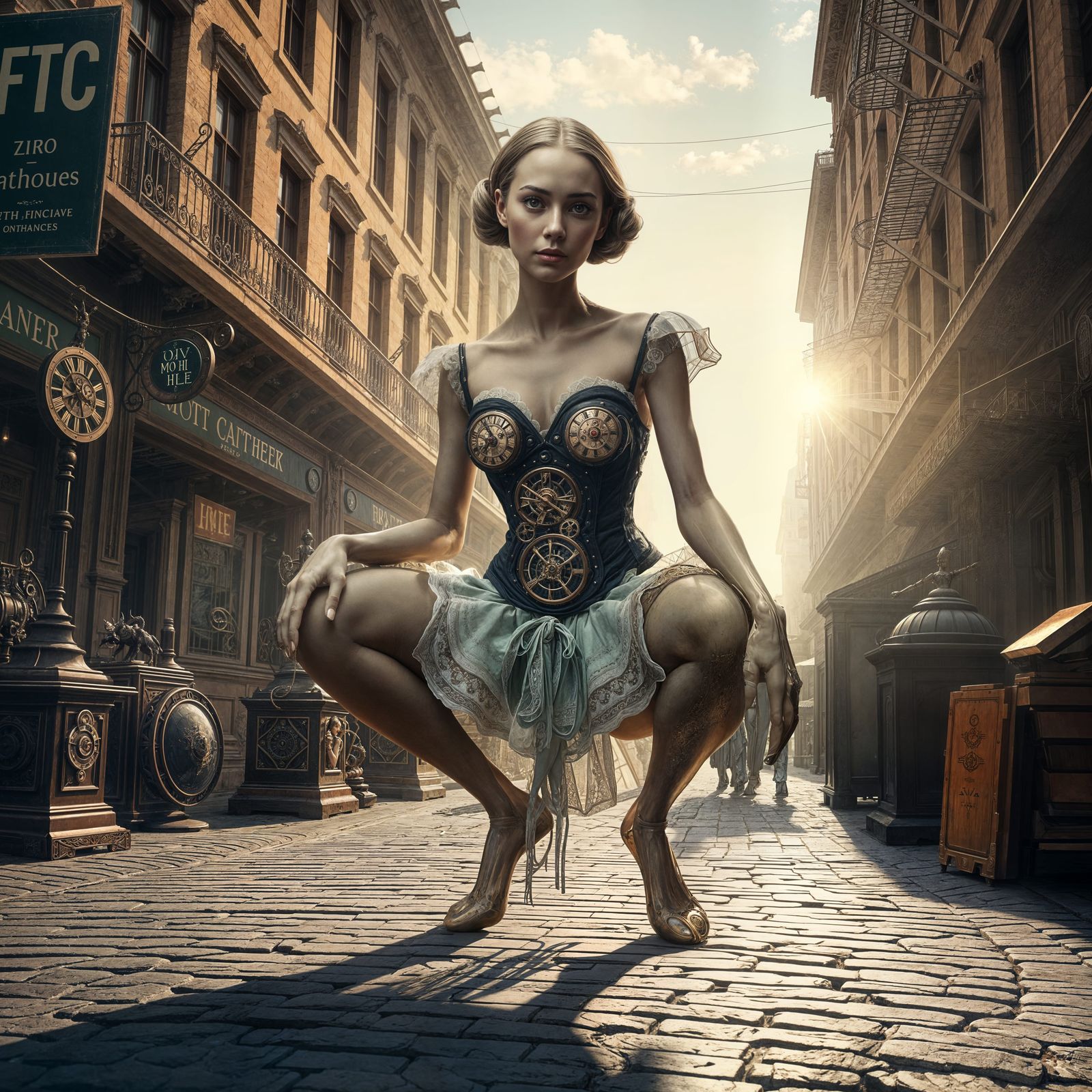 Steampunk Goddess Amidst Industrial City