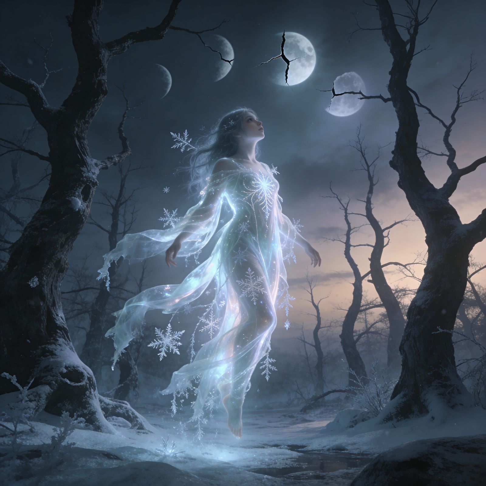 Spectral Girl in Petrified Winter Forest at Twilight