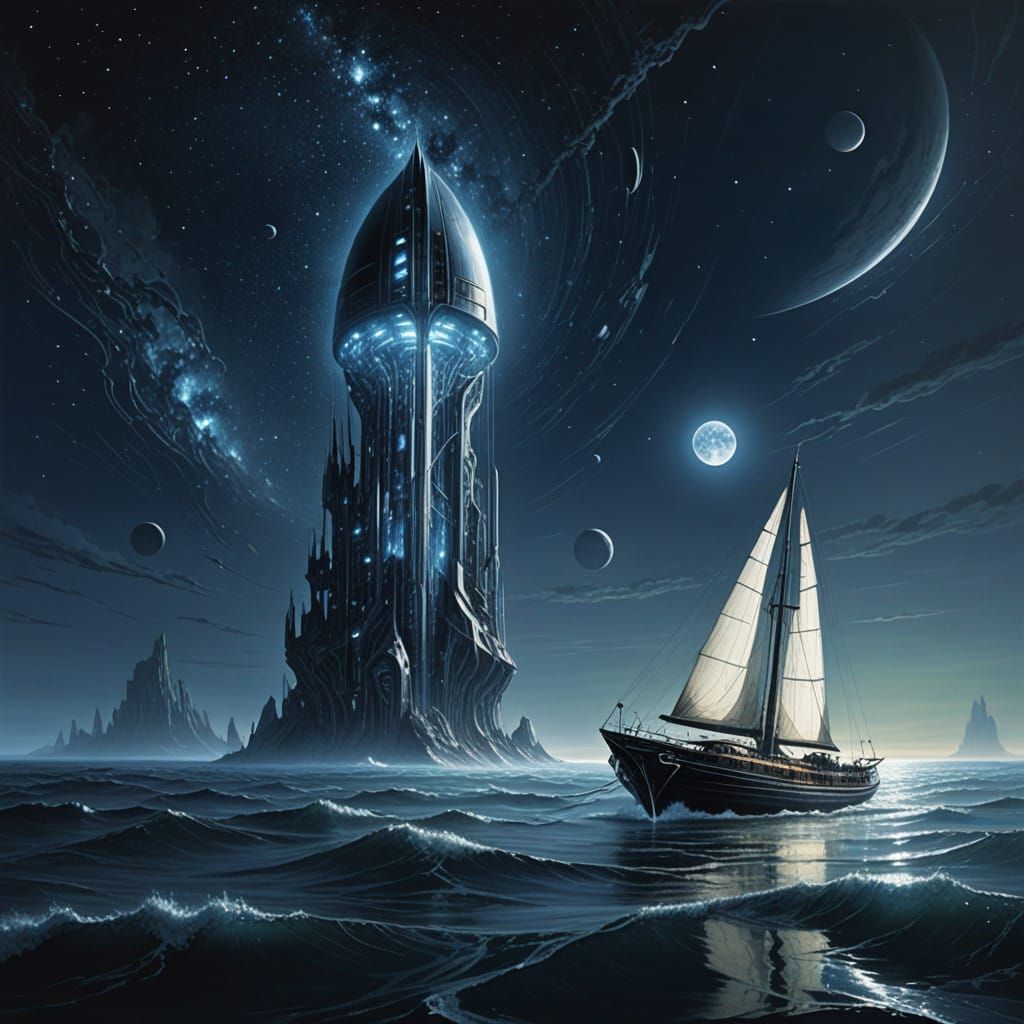 Majestic Sailboat Glides Across Shimmering, Bioluminescent S...