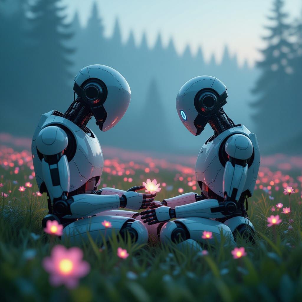 Weathered Robot in Bioluminescent Flower Field