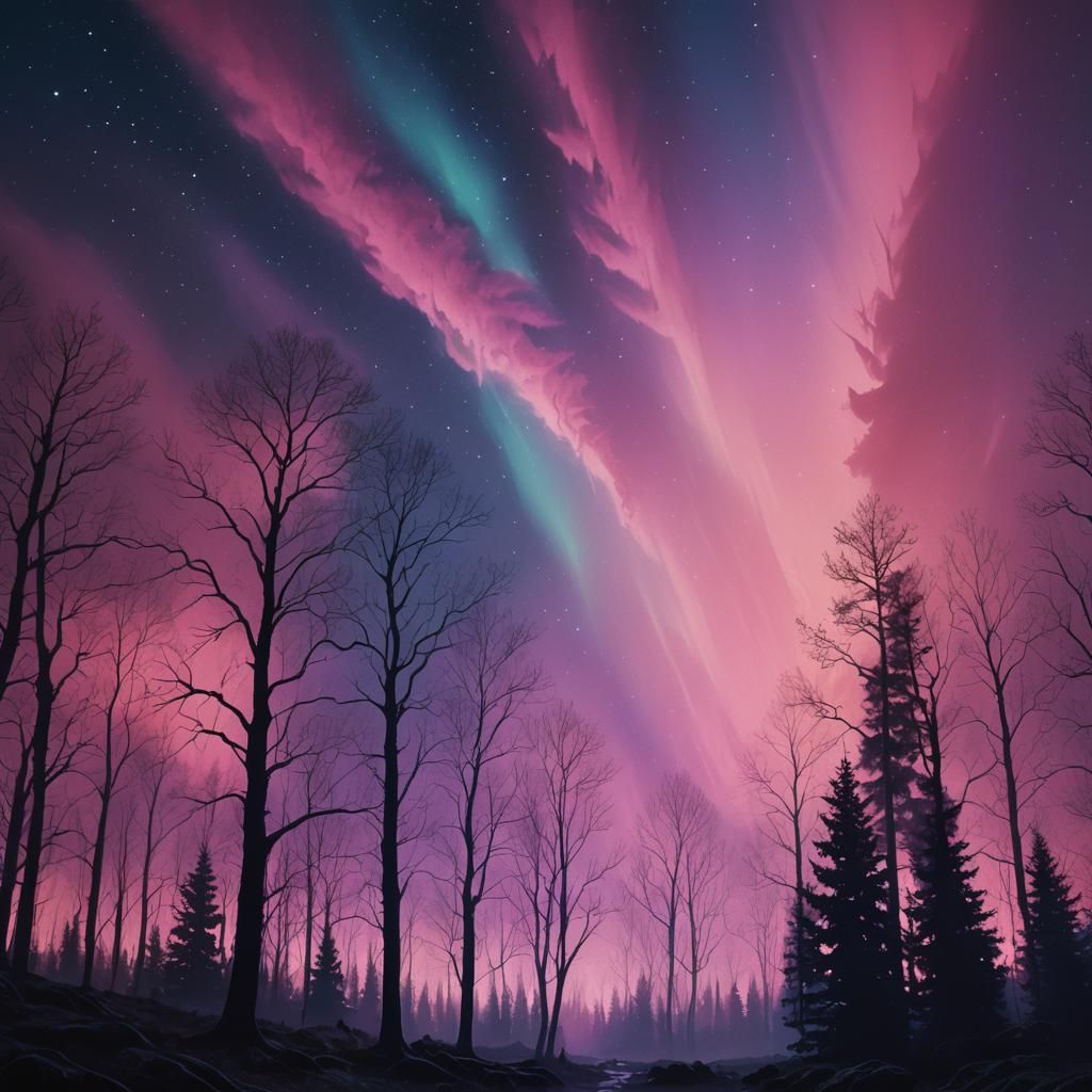 Pink Aurora Borealis Night Sky in Oil Painting Style