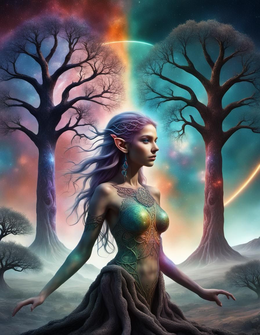 Multicolored Elf Goddess with Galaxies and Celtic Symbols