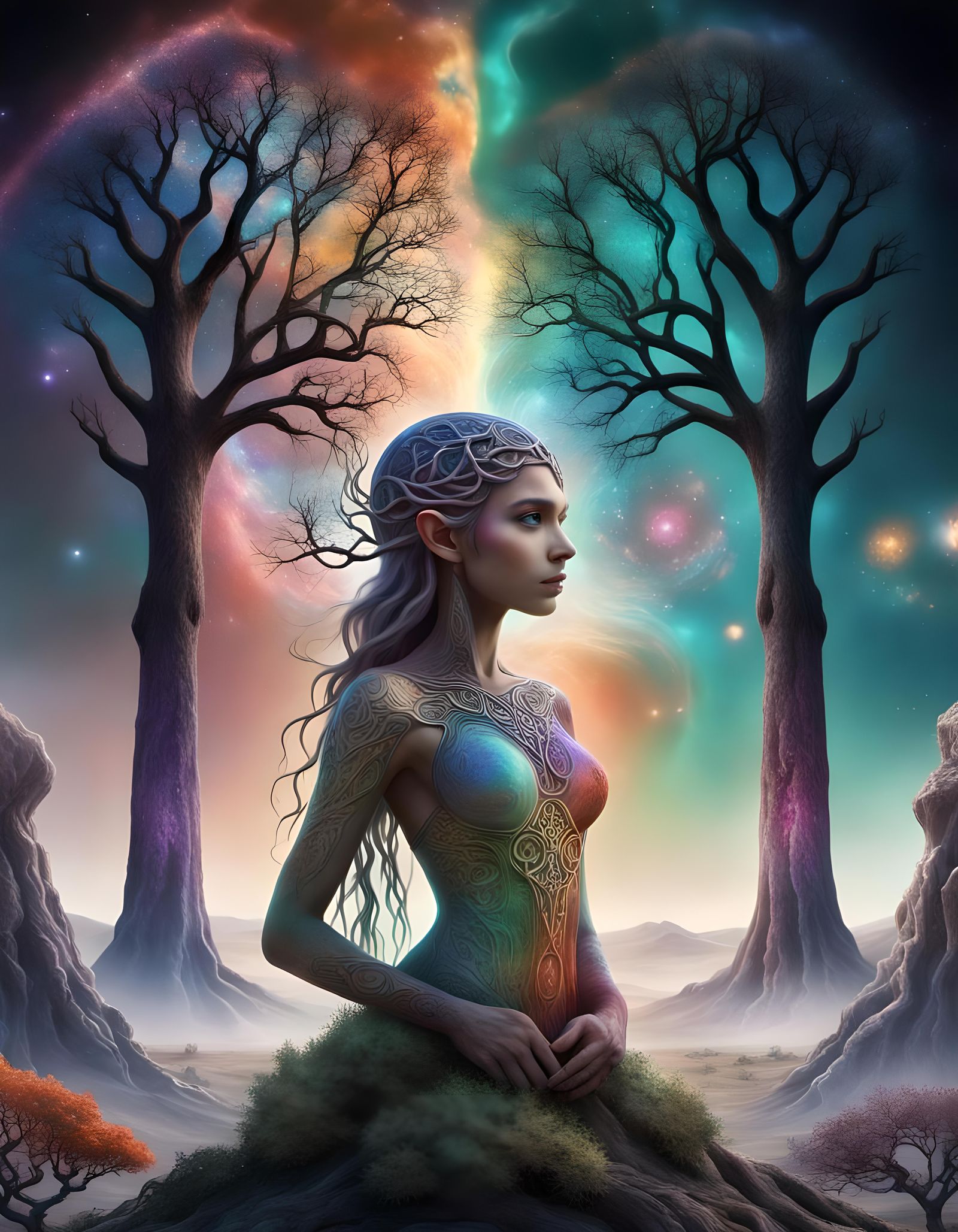 Multicolor Elf Goddess with Galactic Overlay