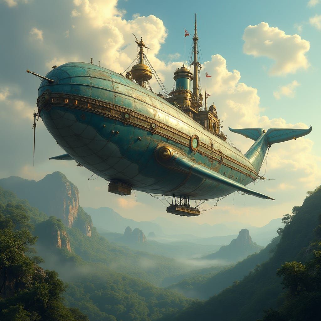 Steampunk Whale Airship soars through a Tropical Sky