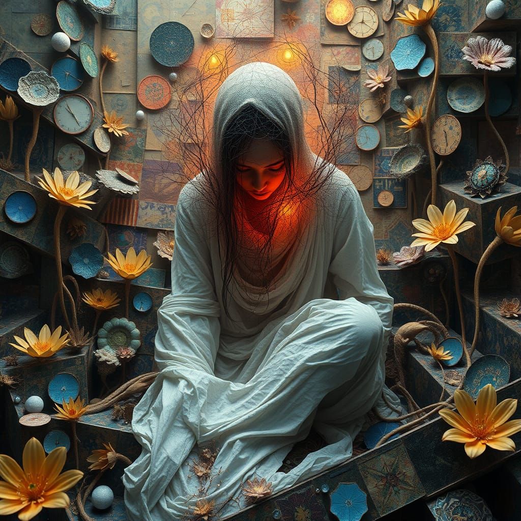 Dreamlike Figure in a Kaleidoscope of Textures and Patterns