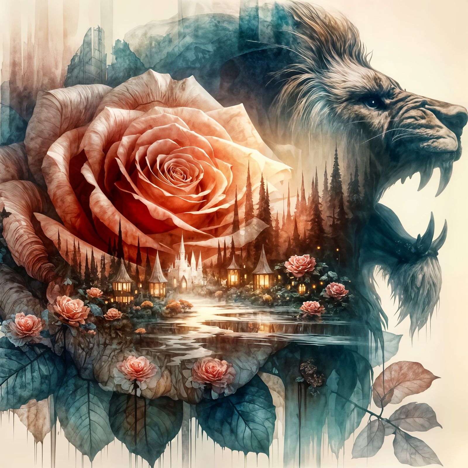 Enchanting Fairy Village Within Giant Rose and Beast