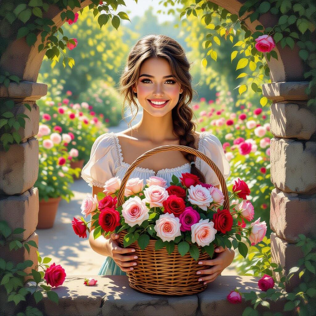 Oil Painting of Woman with Basket of Roses in Garden